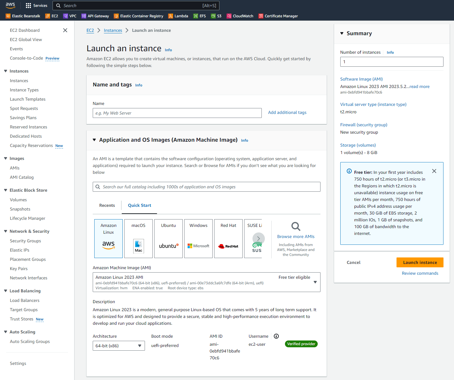 EC2 instance creation screen in the AWS console