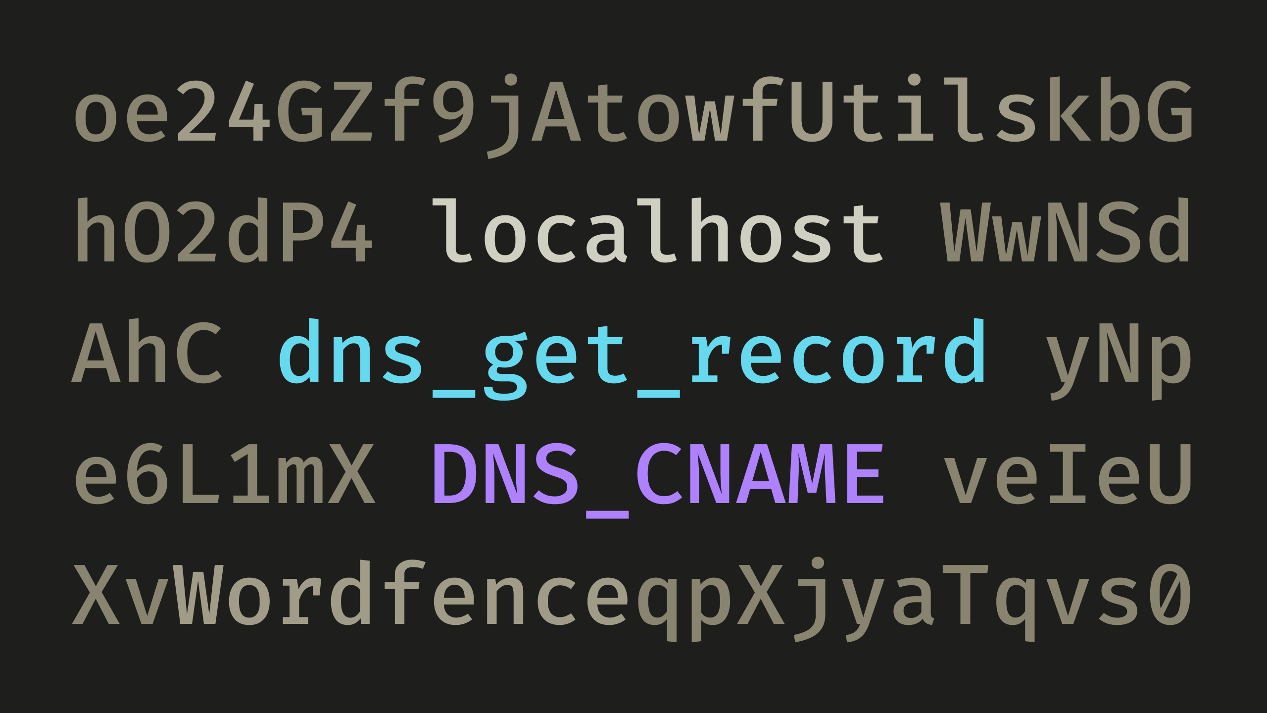 Random characters surrounding "localhost", "dns_get_record", and "DNS_CNAME".