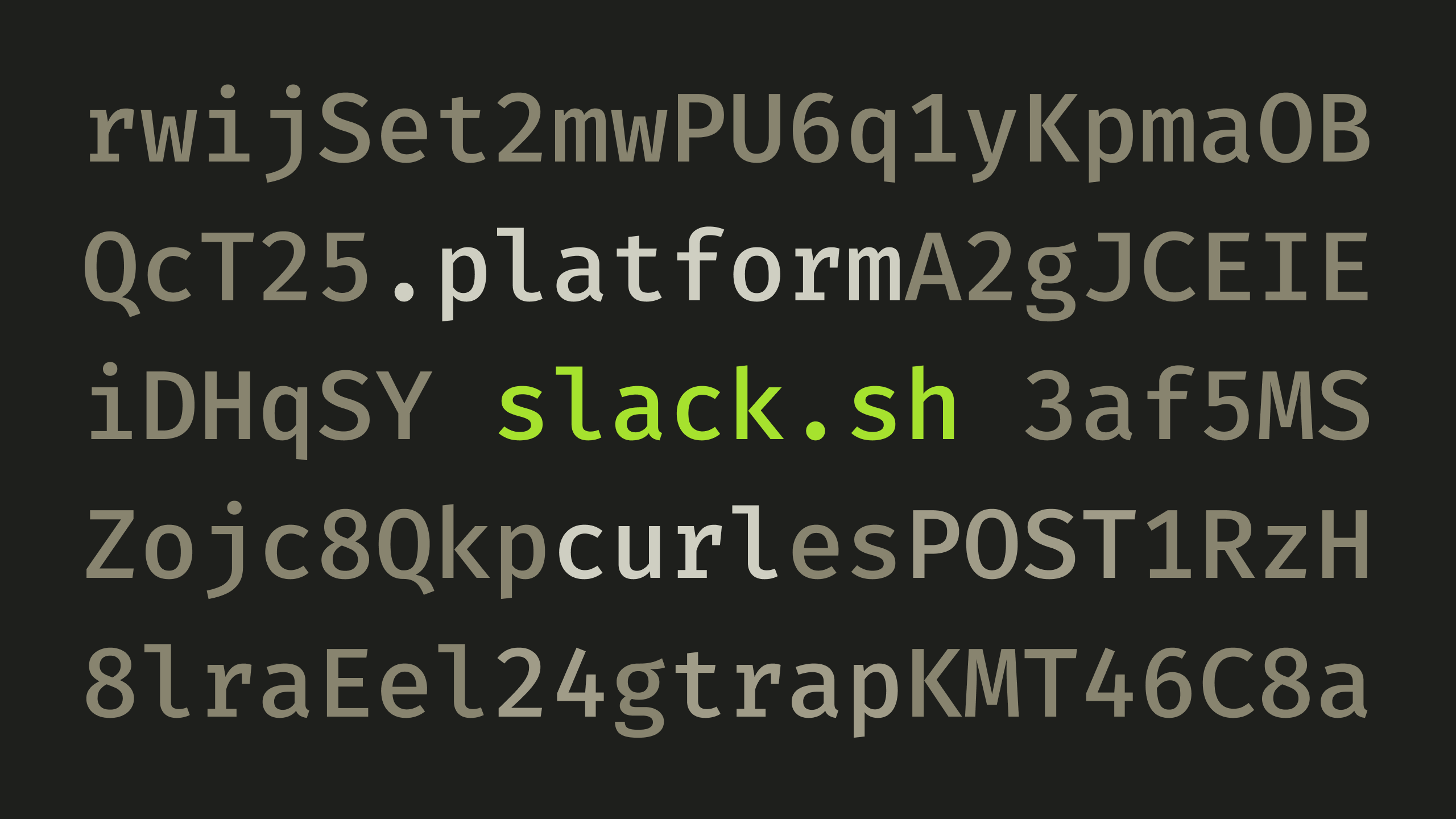 Random characters in monospace font surrounding the text "slack.sh".