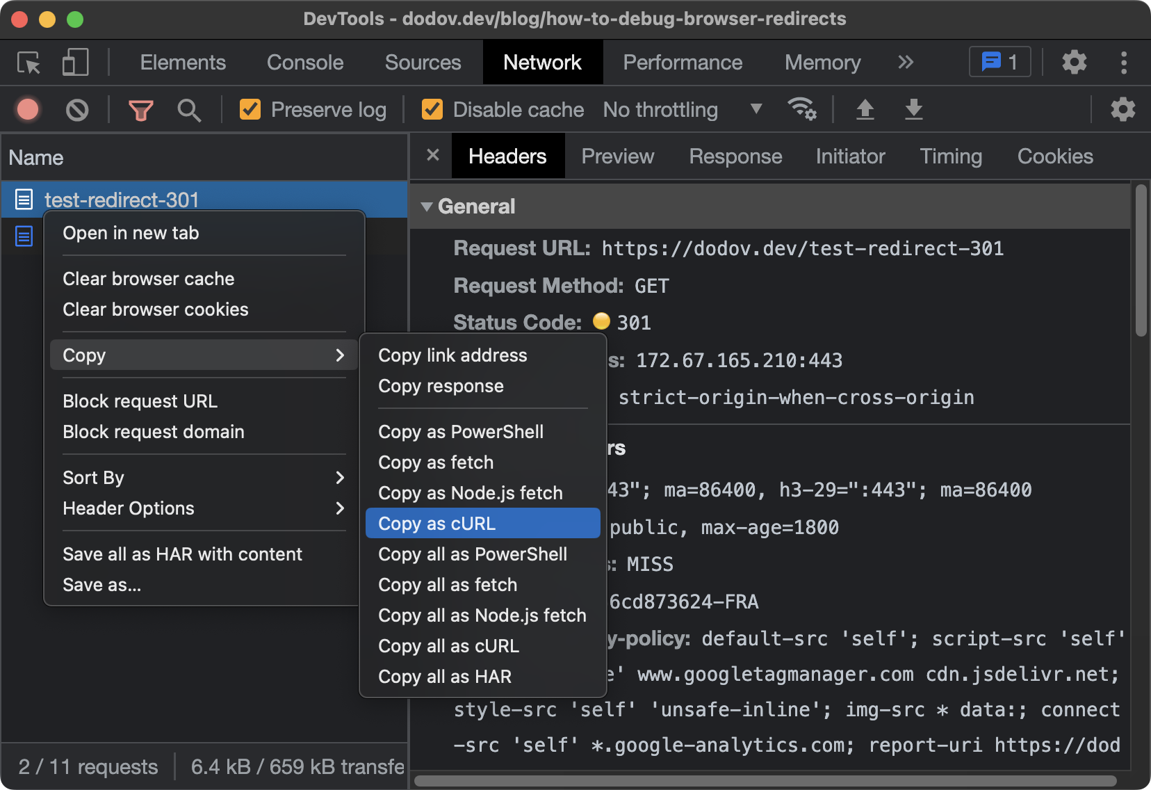 DevTools "Network" panel with the context menu of a request opened and the "Copy as cURL" option highlighted.