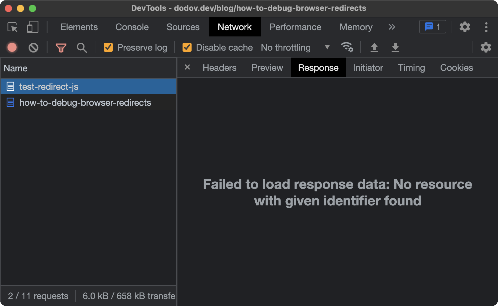 Screenshot of the DevTools "Network" panel with the "test-redirect-js" request selected and with opened "Response" tab that is empty.