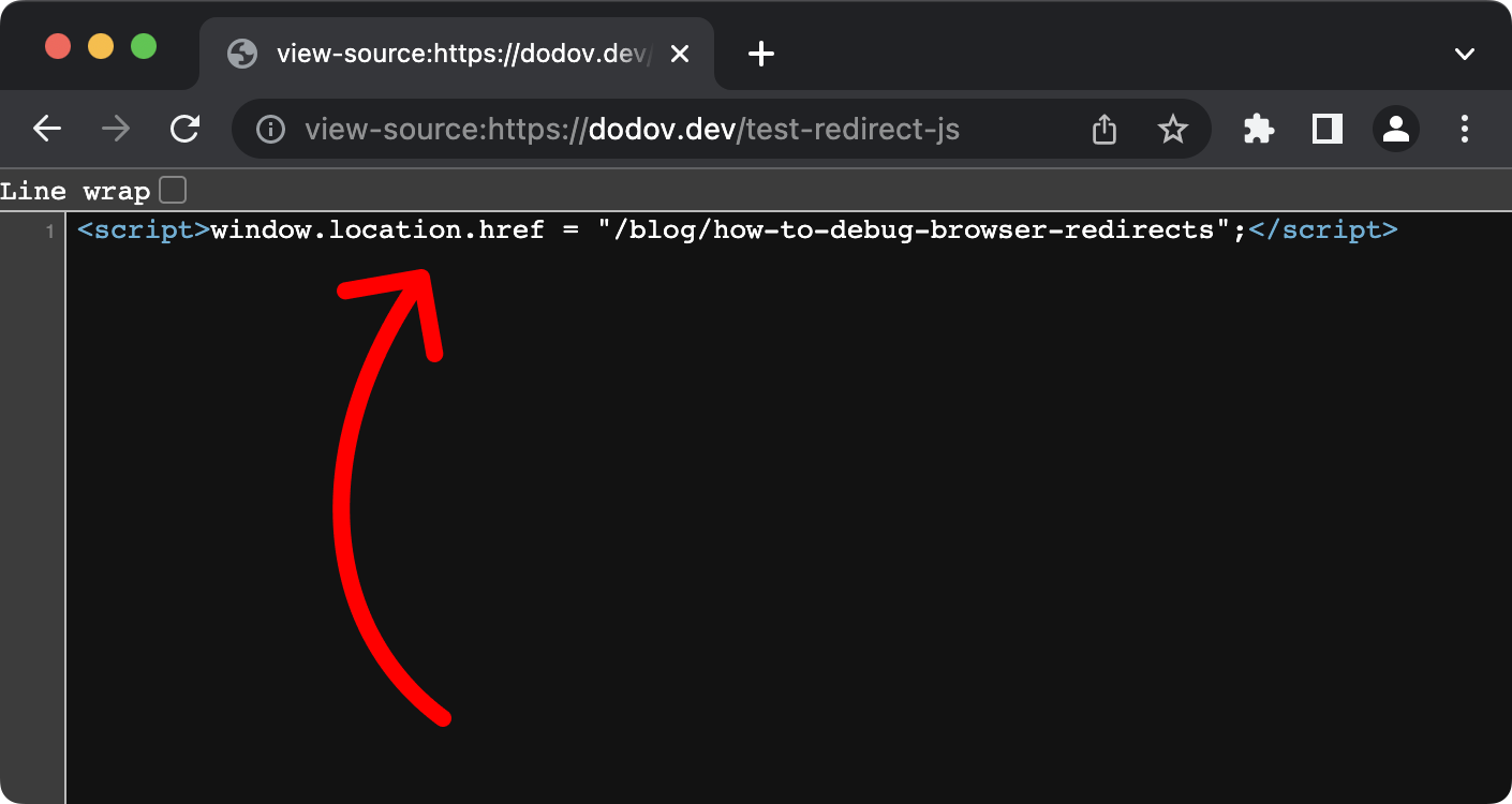 Browser view-source screen showing an HTML document with a script tag that performs a redirect.