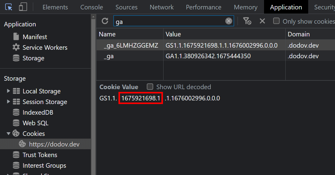 DevTools window with GA cookie selected and session ID and session number circled in red.