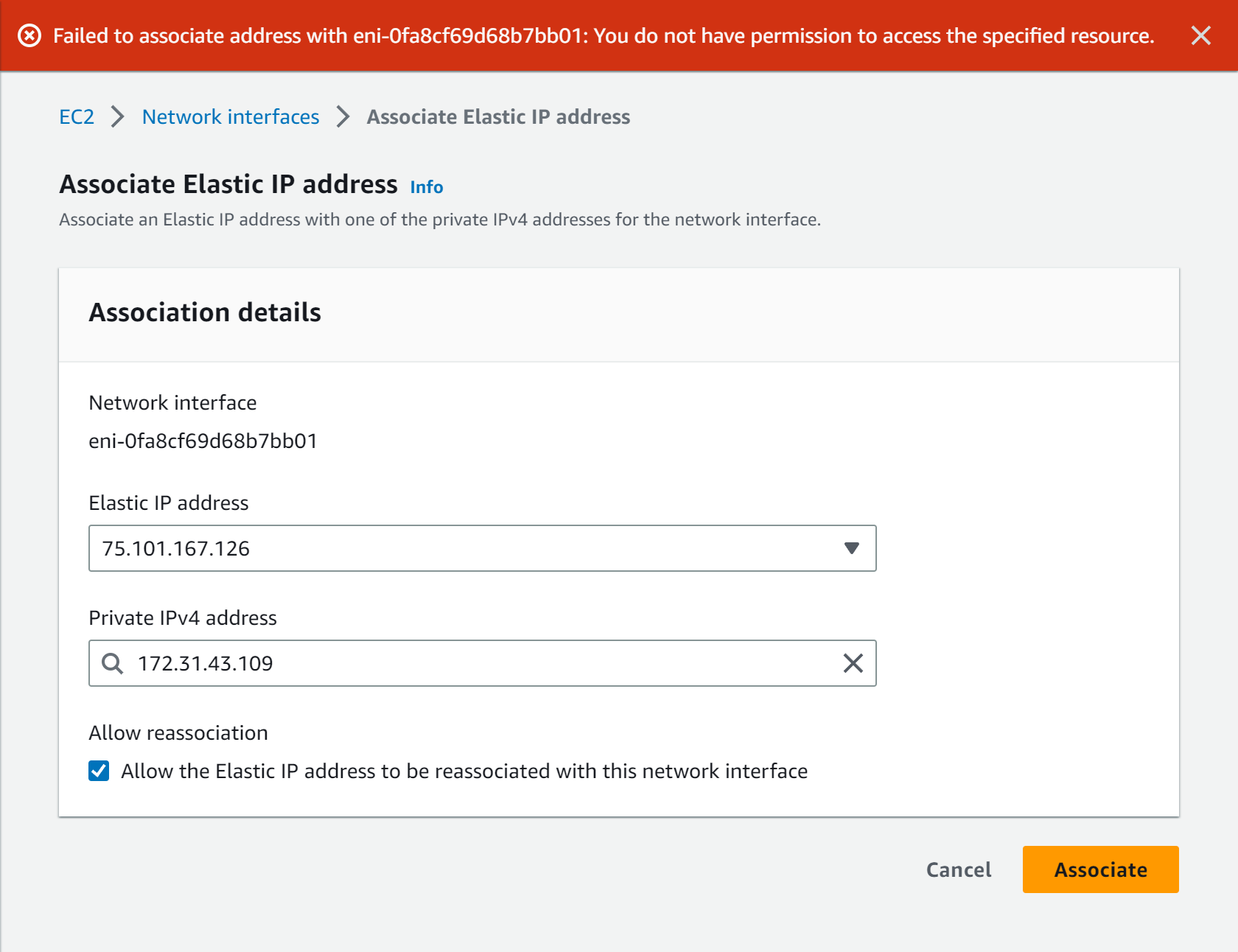 "Association details" form in the AWS EC2 console with a permission error at the top.