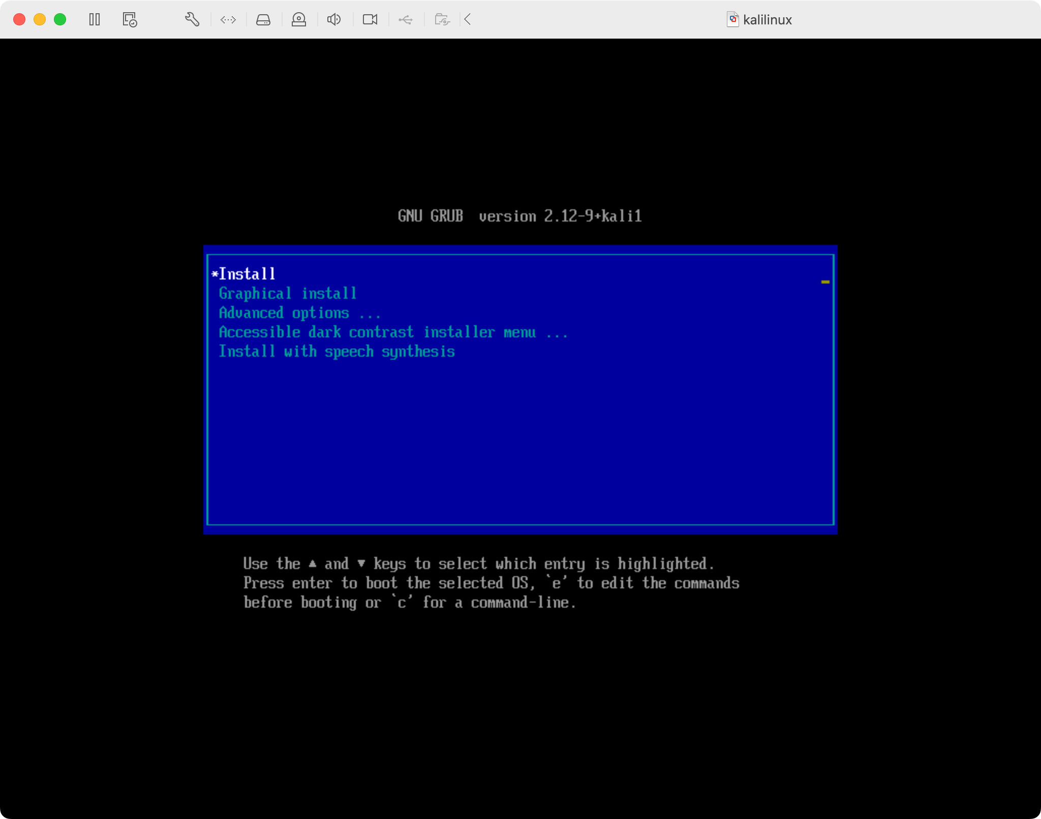 Kali Linux installation start screen