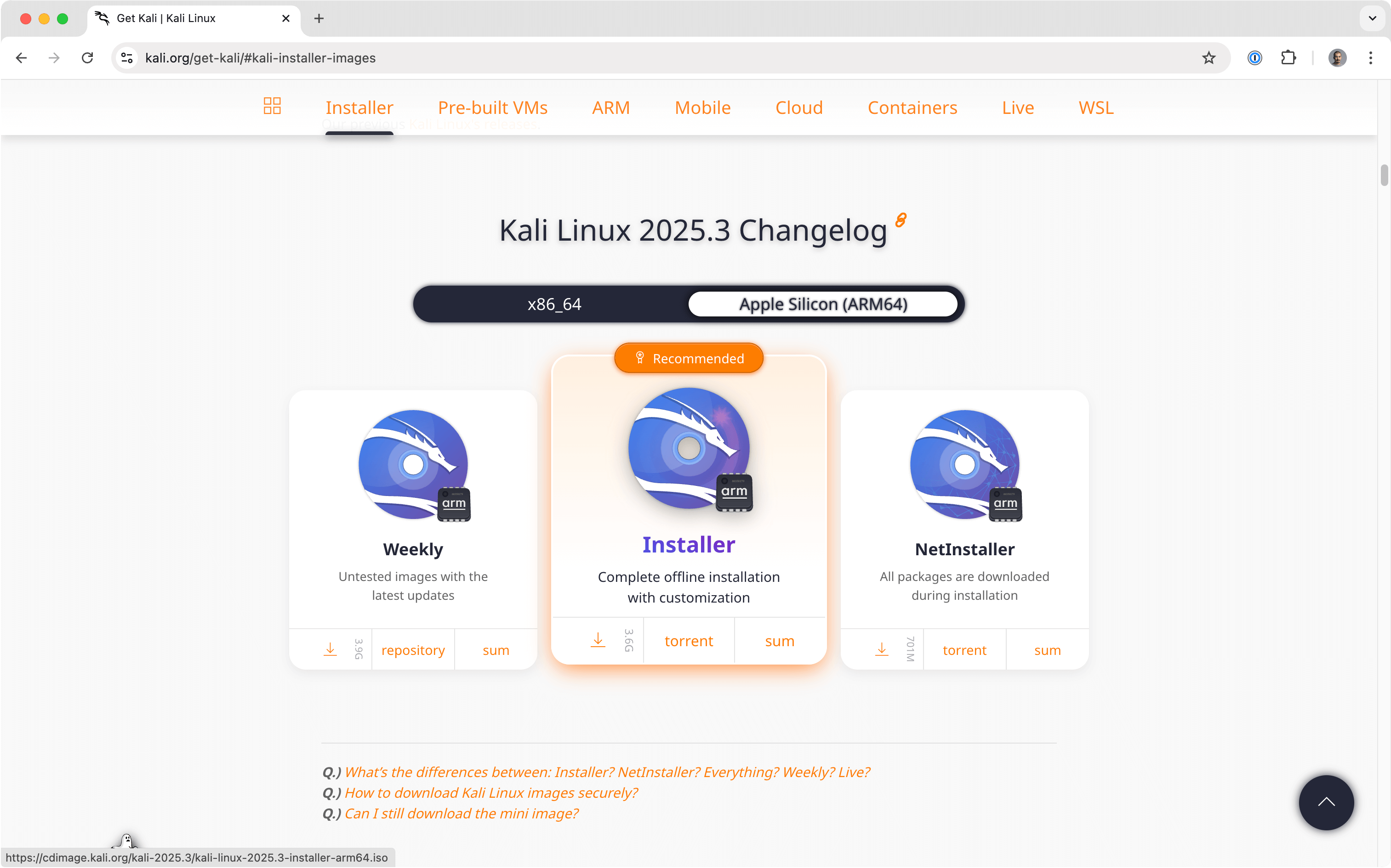 Kali Linux ISO image download page