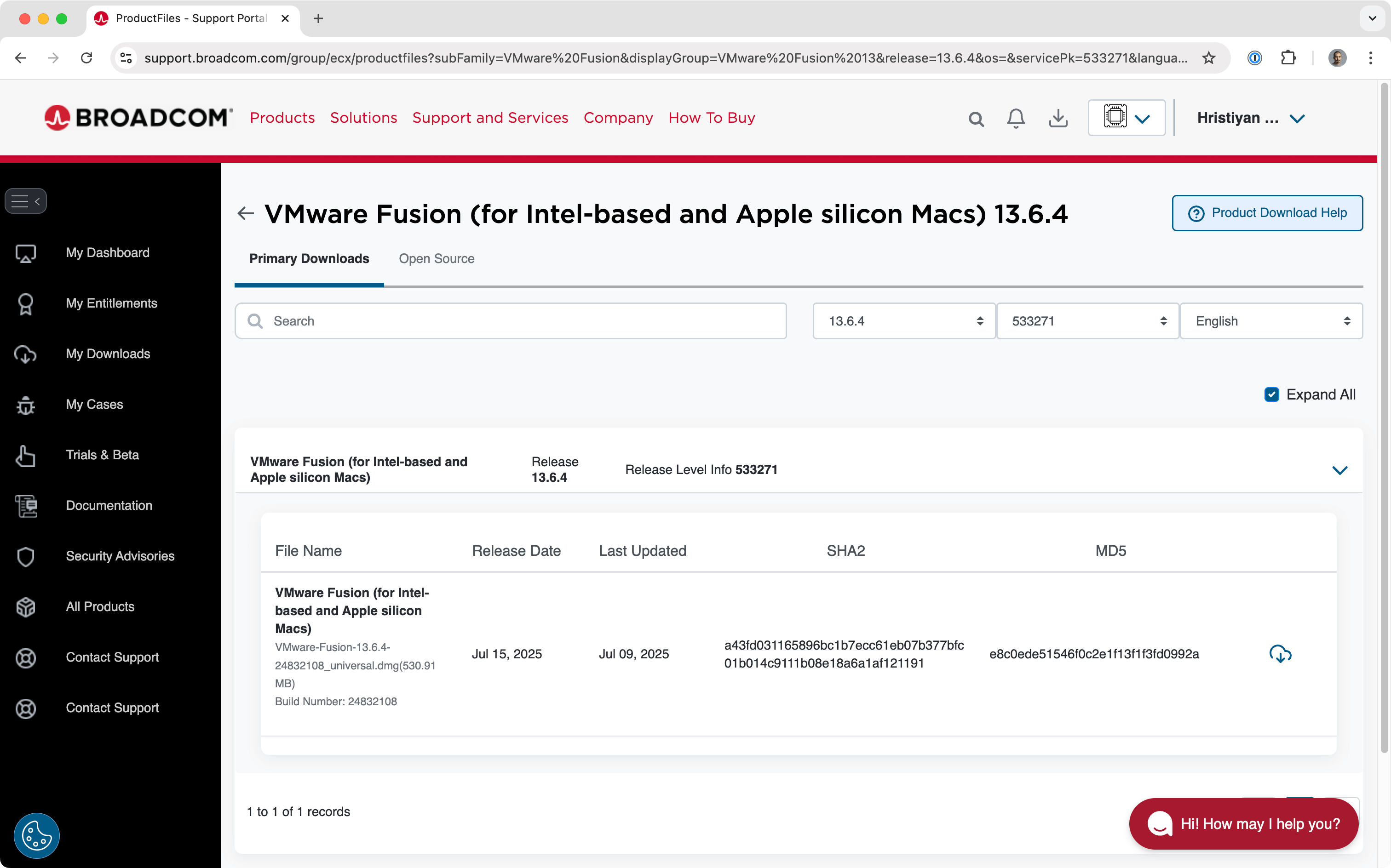 VMware Fusion download page in the Broadcom website
