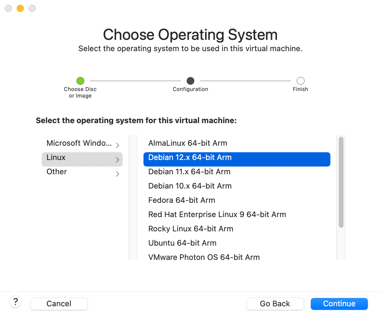 VMware Fusion operating system selection screen