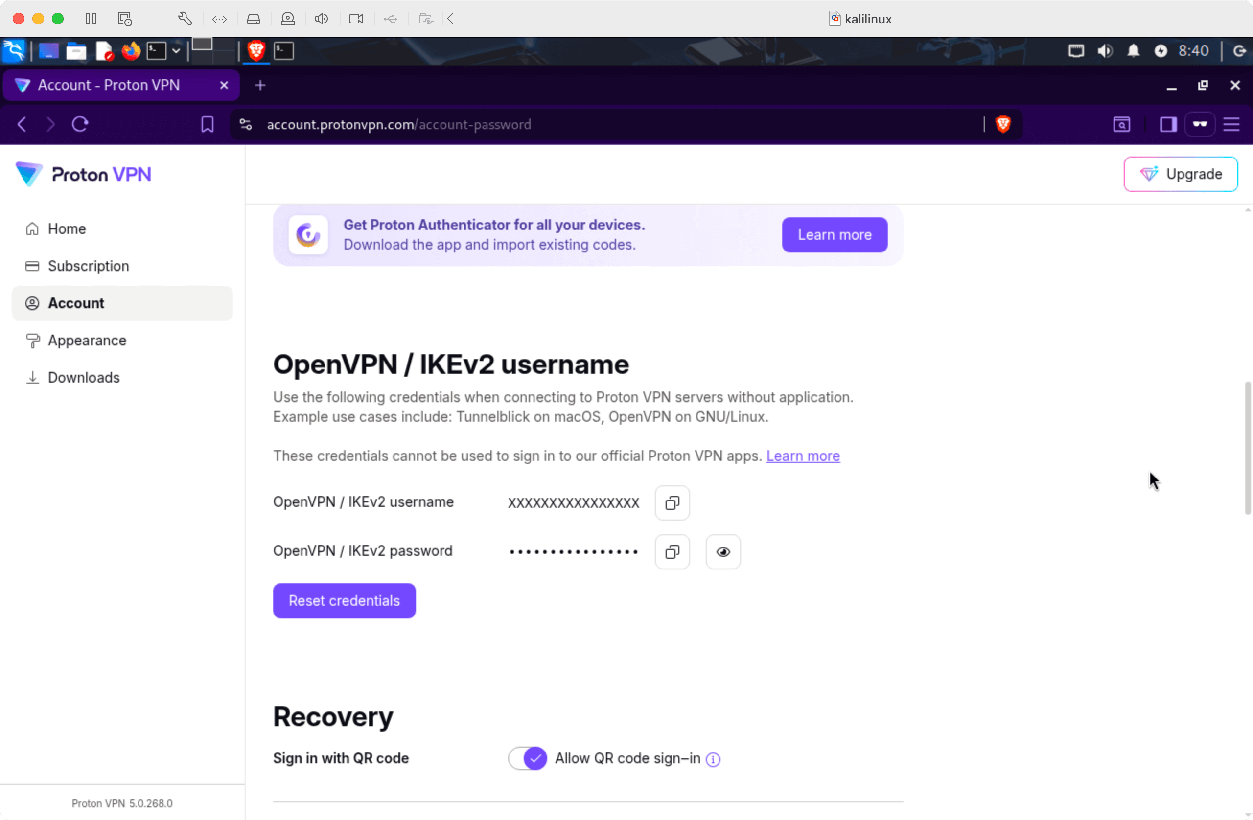 Proton VPN credentials in Account screen