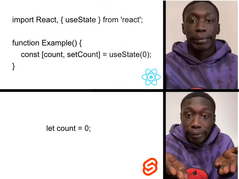 Khaby Lame meme making fun of the verbose nature of React, compared to Svelte.