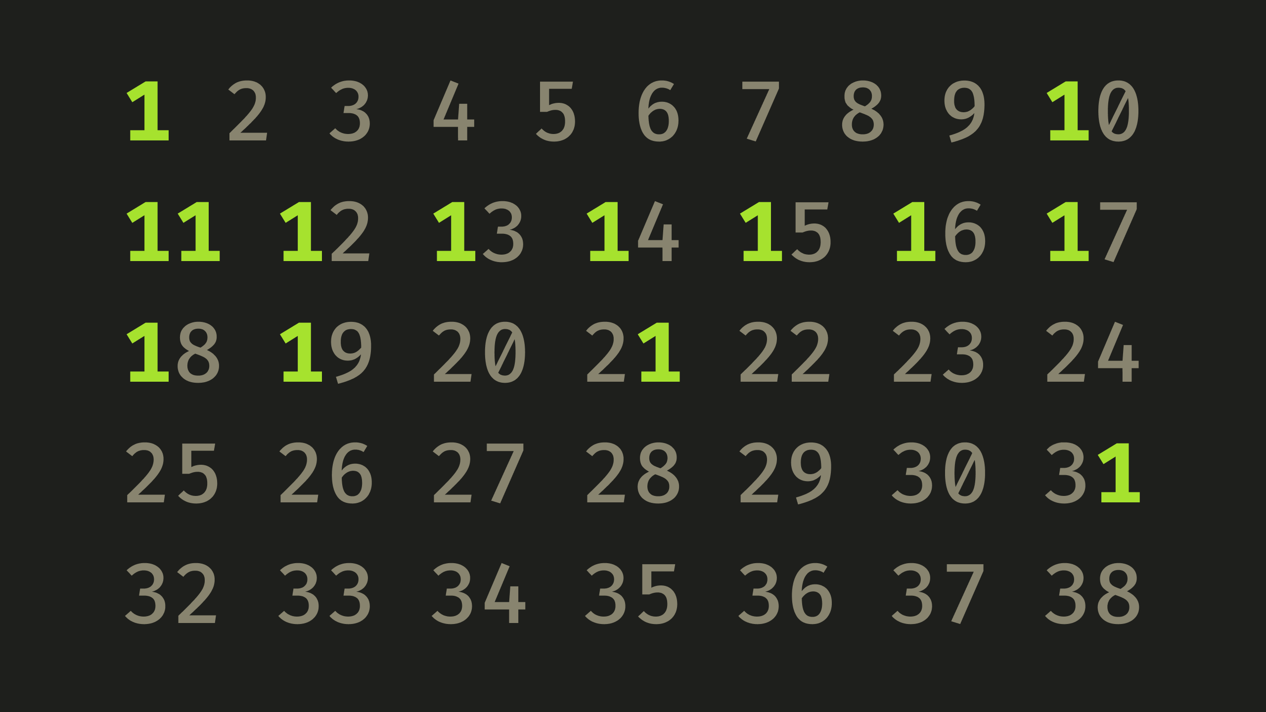 Numbers 1 through 38 with all digits "1" highlighted.