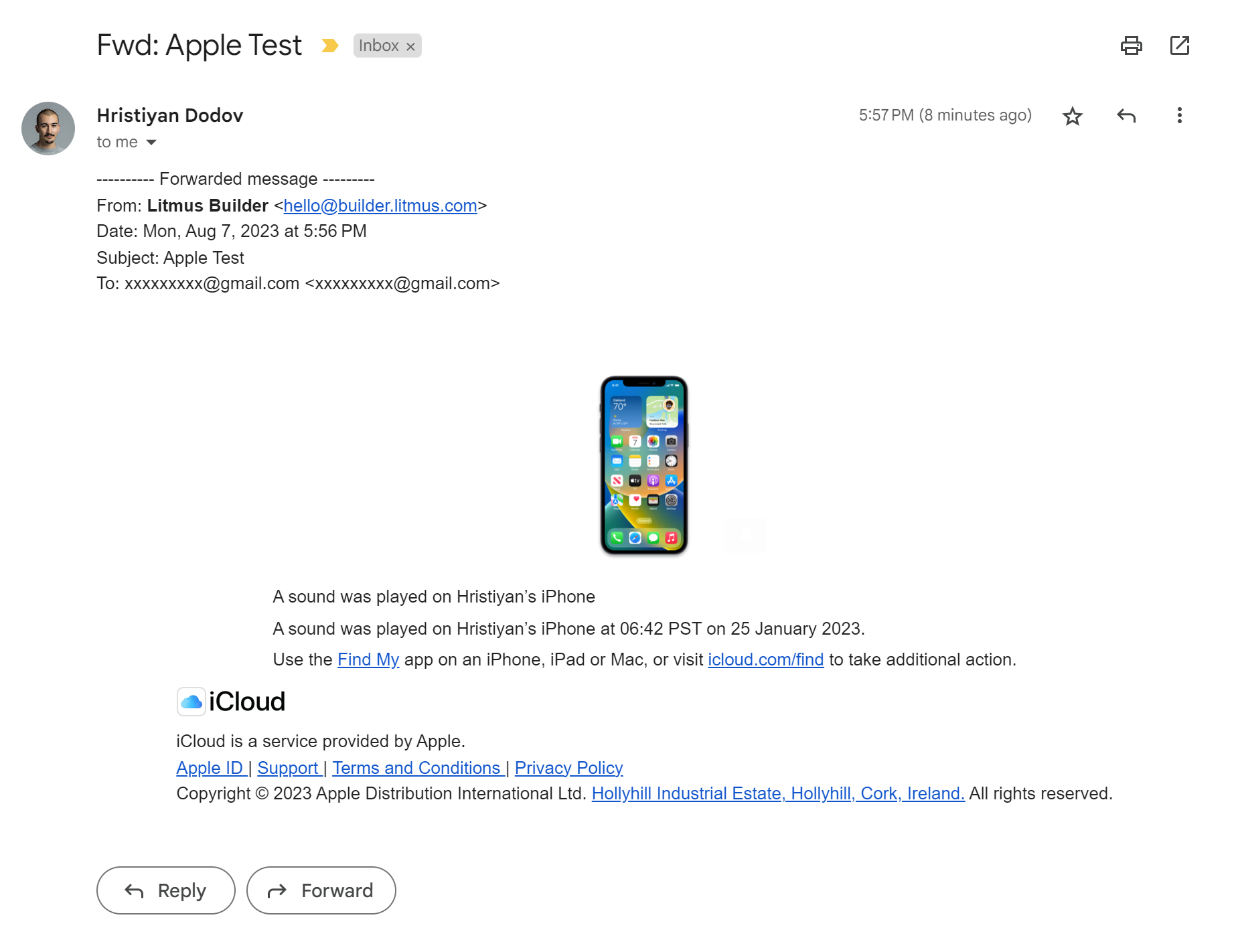 Screenshot of an email from Apple in Gmail, but with broken layout.