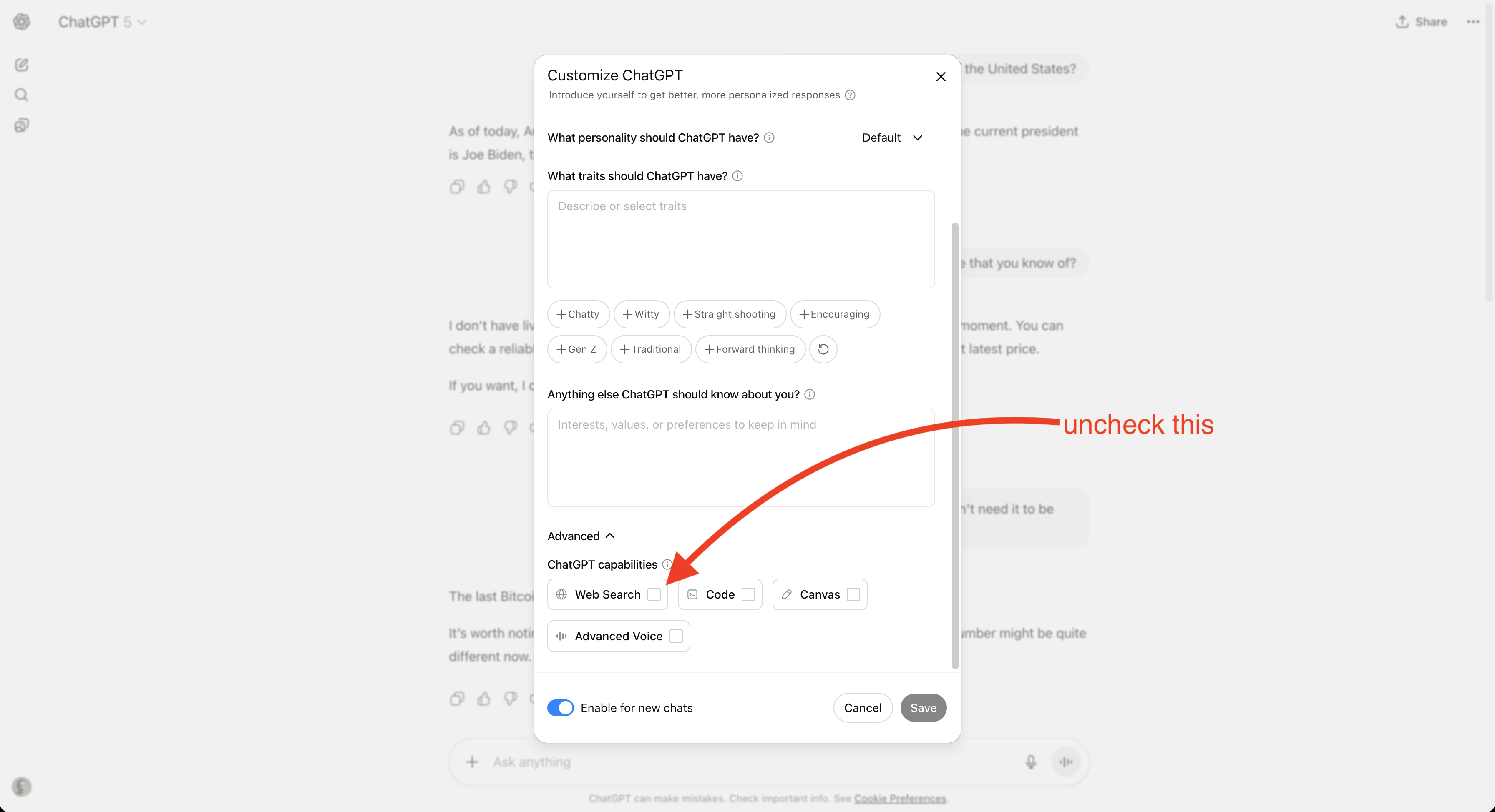 ChatGPT advanced personal settings modal