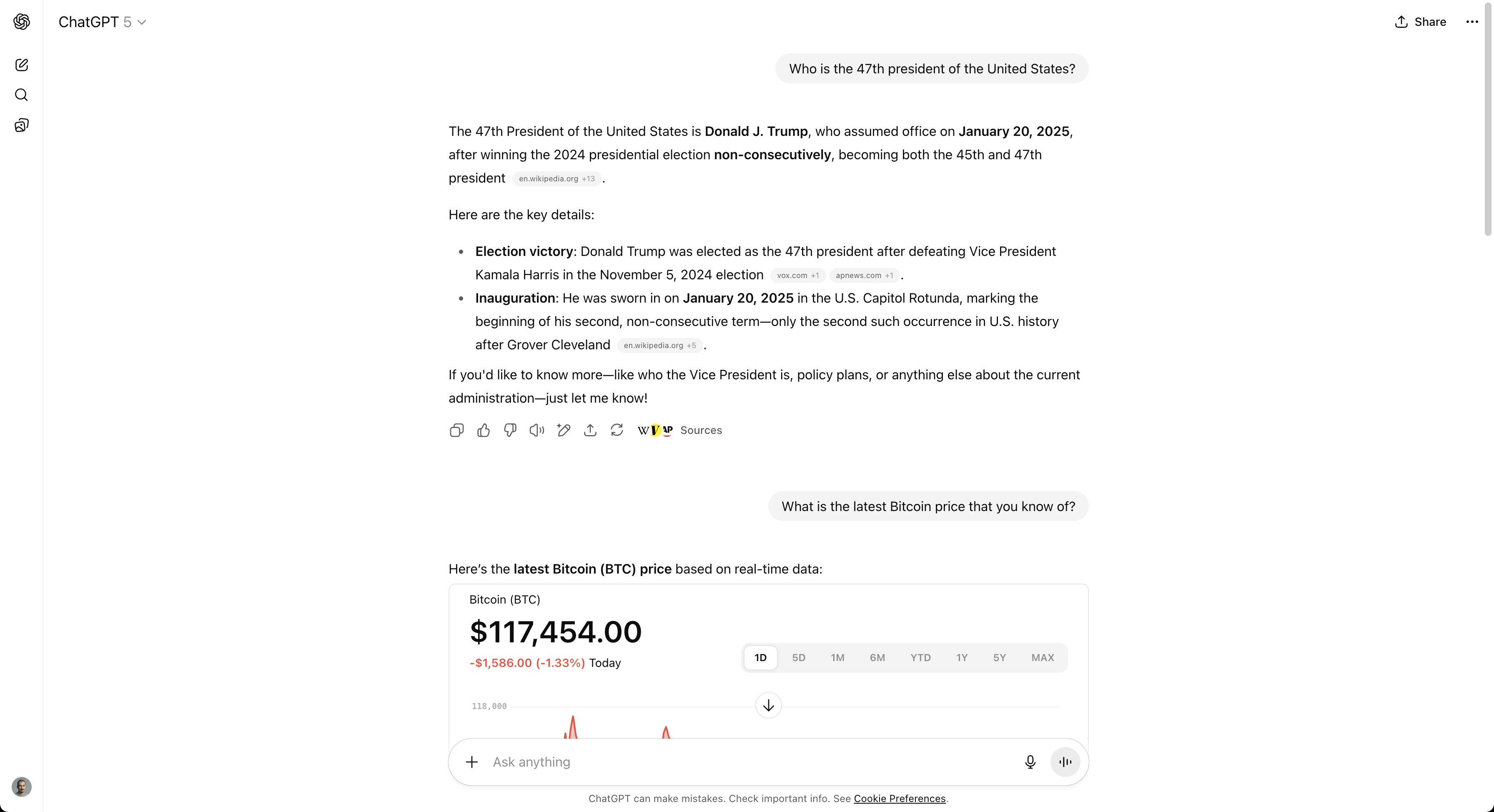 ChatGPT 5 conversation with search capabilities enabled