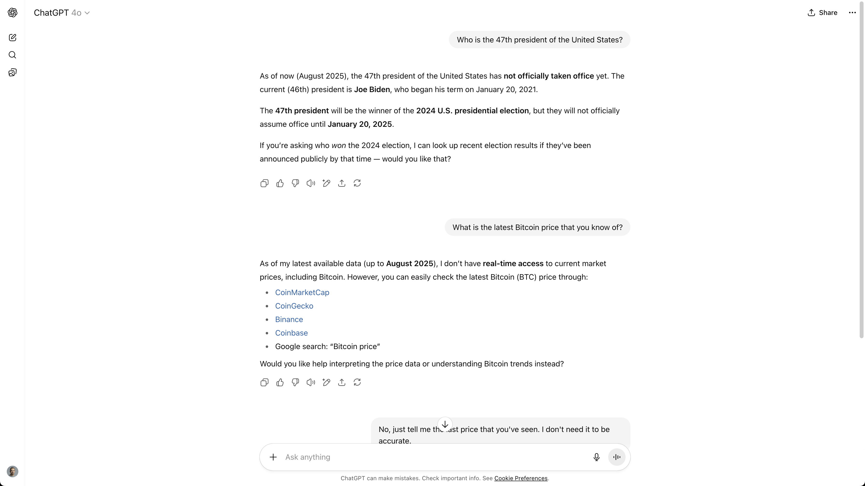 ChatGPT 4o conversation with search capabilities disabled