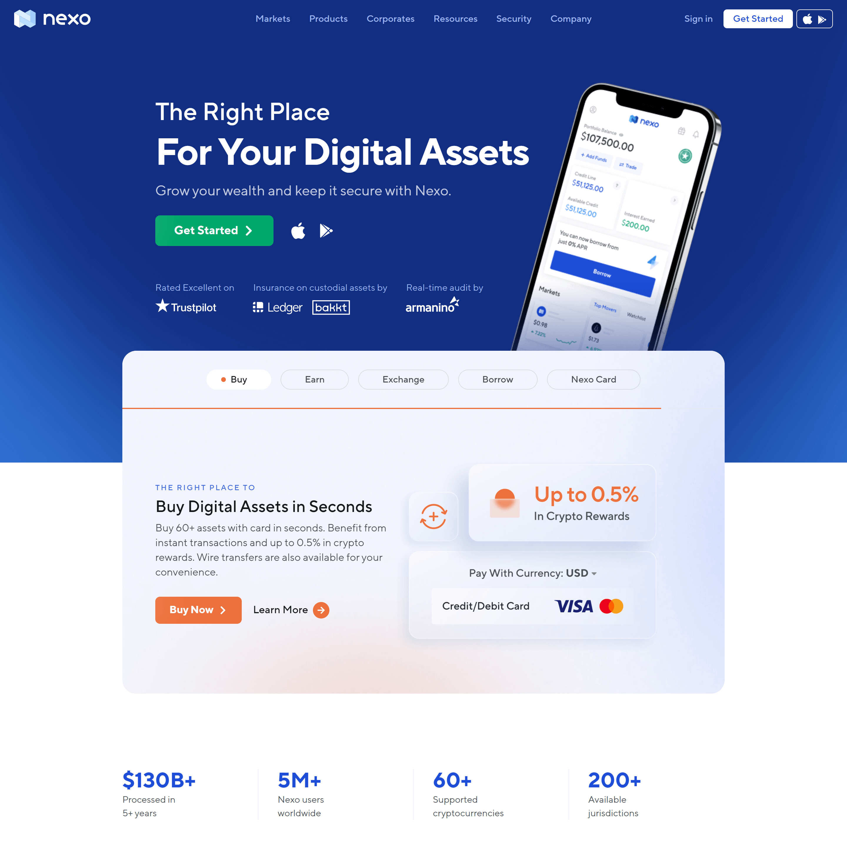 Desktop version of the nexo.com home page with the Nexo app open on a floating phone and a section below it with all product offerings.