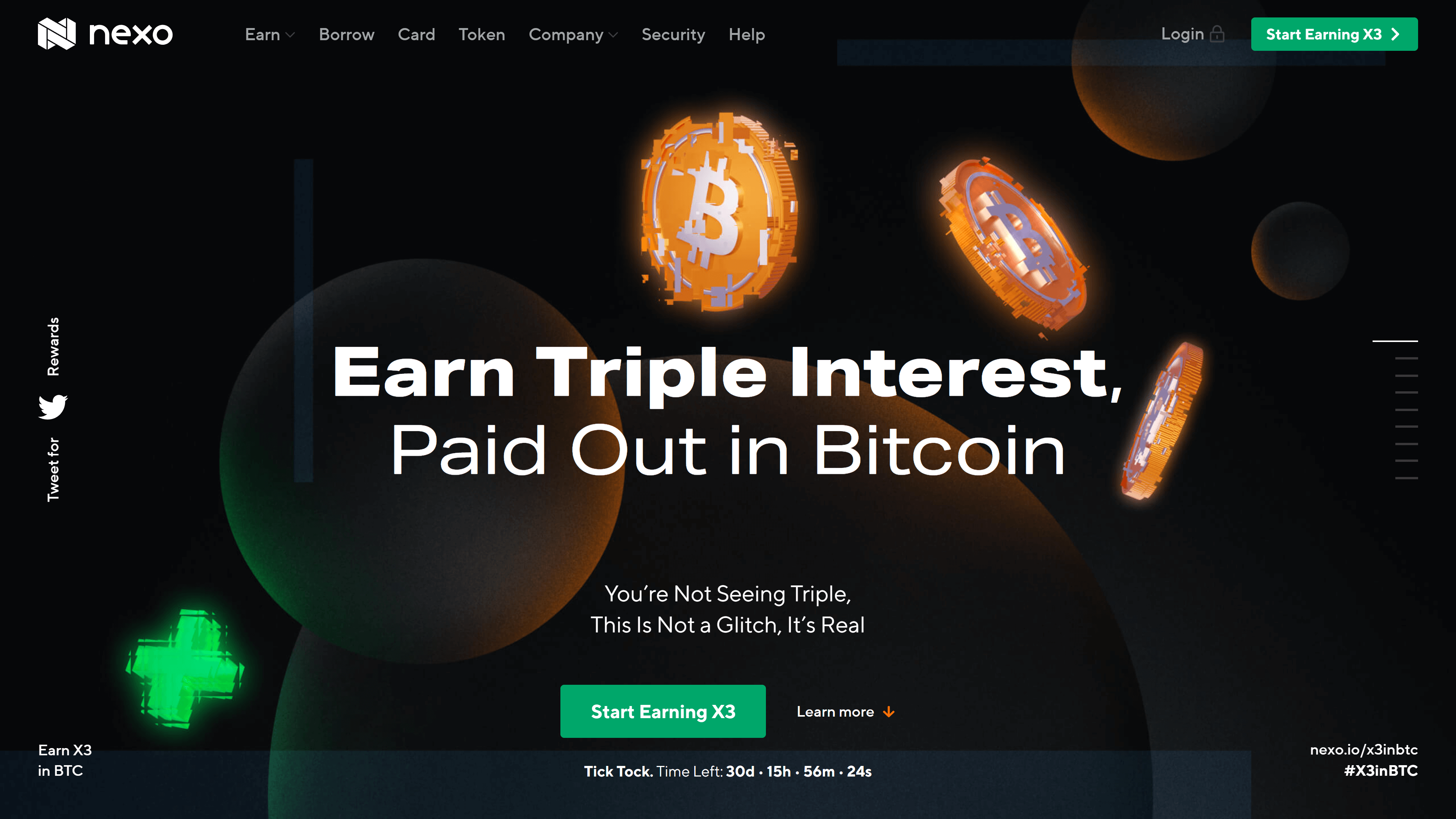 Header of a dark-themed landing page with three glitchy bitcoins and floating spheres.